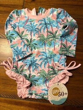 Caden Lane Pink & Blue Palm Ruffle Long-Sleeve One-Piece